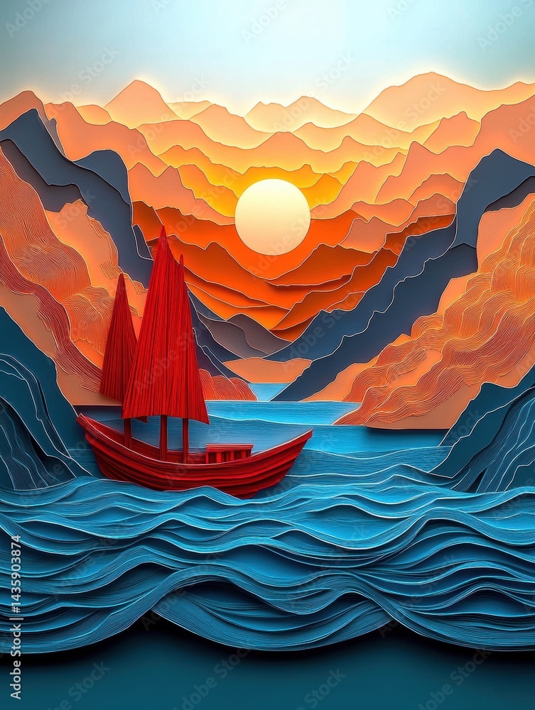 Paper Art Landscape with Red Boat