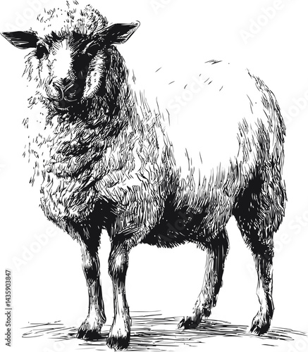 Detailed black and white sketch of a sheep facing forward. Vector illustration