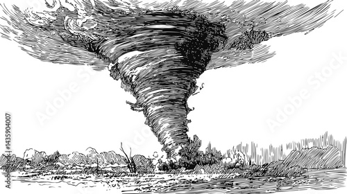 Black and white drawing of a tornado touching down on open landscape. Vector illustration