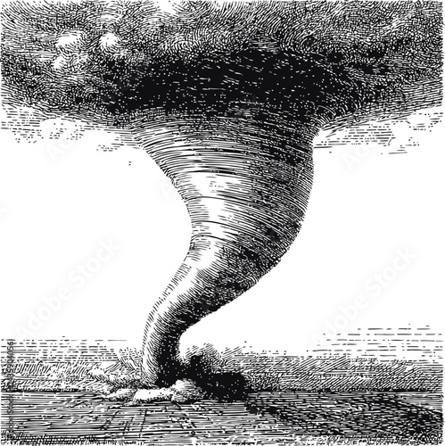 Illustration of a swirling tornado funnel in black and white, vintage style. Vector illustration