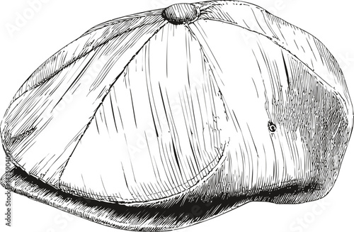 Sketch of vintage flat cap with detailed linework in black and white. Vector illustration