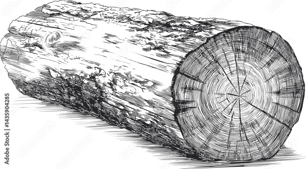 Detailed pencil sketch of a tree log showing rings and texture in black and white. Vector illustration
