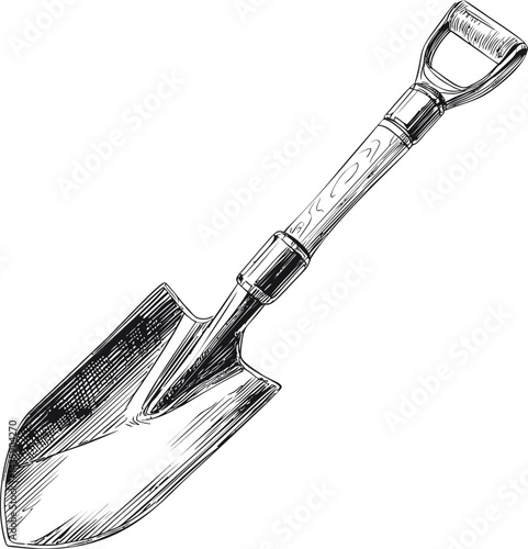 Illustrated spade shovel with wooden handle, sketch drawing. Vector illustration