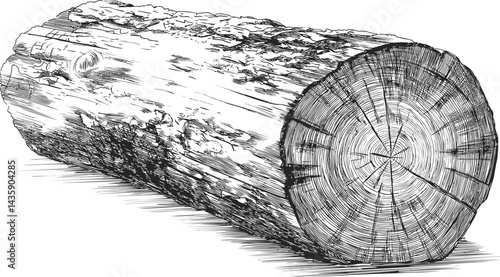 Detailed pencil sketch of a tree log showing rings and texture in black and white. Vector illustration