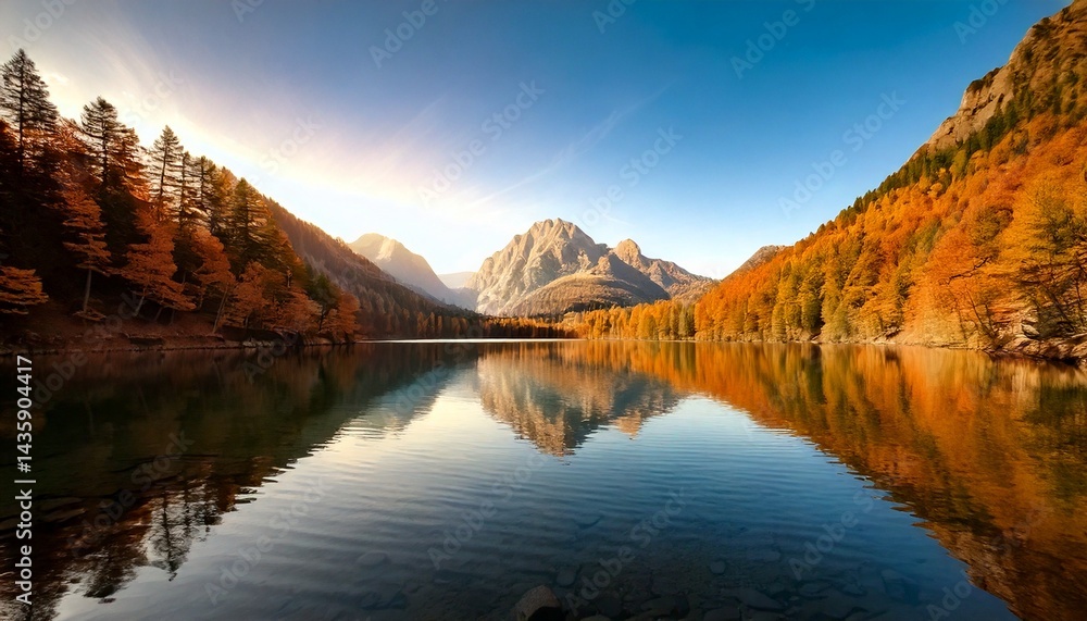 Fototapeta premium Tranquilo lago otoñal al amanecer con reflejo de montaña, fotografía hiperrealista,