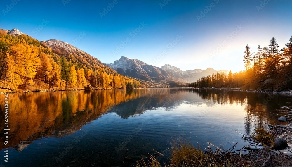 Naklejka premium Tranquilo lago otoñal al amanecer con reflejo de montaña, fotografía hiperrealista,
