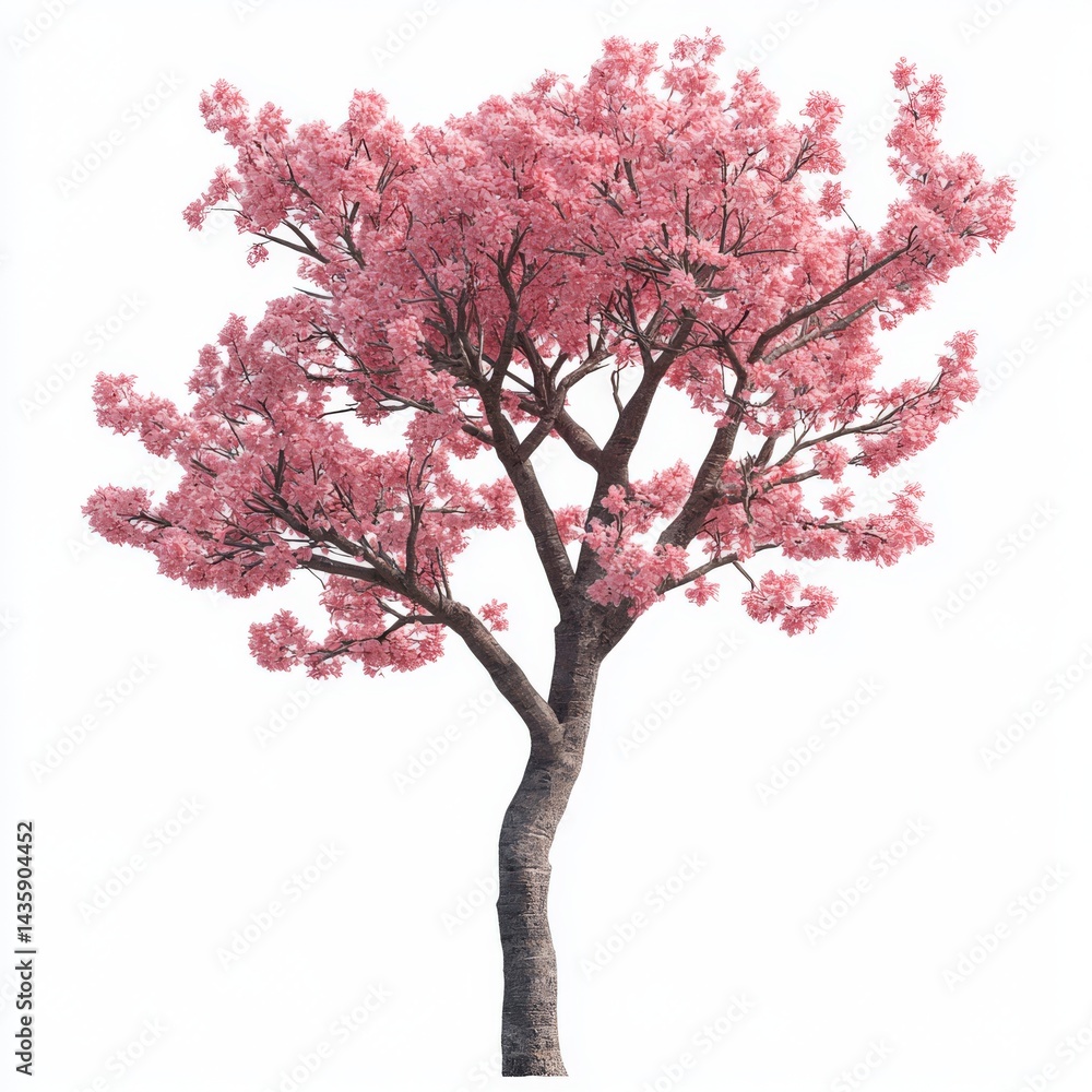 Fototapeta premium Lush pink cherry blossom tree against a plain background.