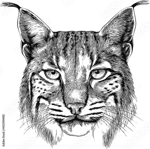 Detailed black and white lynx face illustration with expressive eyes. Vector illustration