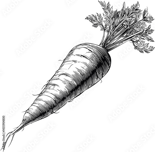 Detailed black and white sketch of a carrot with leaves in vintage style. Vector illustration