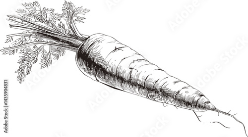 Illustration of a detailed carrot with leaves in black and white sketch style. Vector illustration
