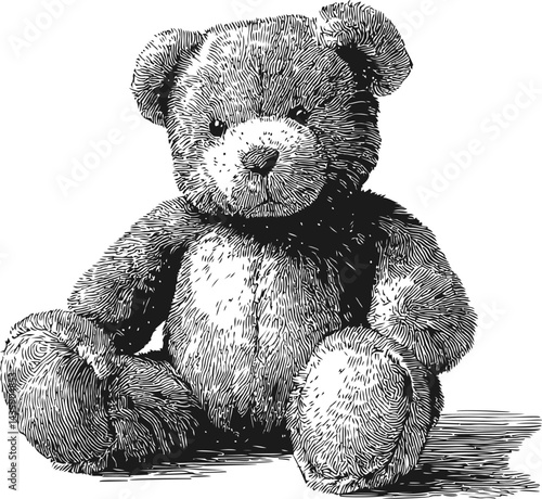 Detailed monochrome illustration of a fluffy teddy bear sitting calmly. Vector illustration