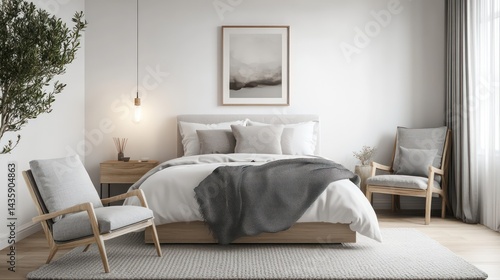 A tranquil Scandinavian-inspired bedroom setup with clean white walls