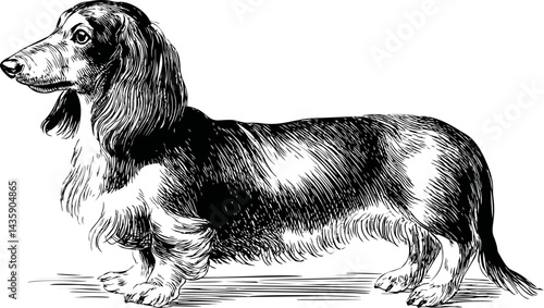 Black and white sketch of a dachshund standing side view illustration. Vector illustration