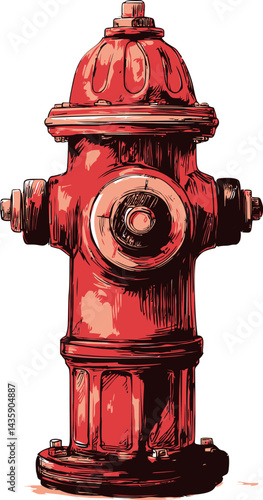 Illustration of a red fire hydrant with detailed shading and outlines. Vector illustration