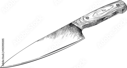 Detailed black and white illustration of a chef's knife with wooden handle. Vector illustration