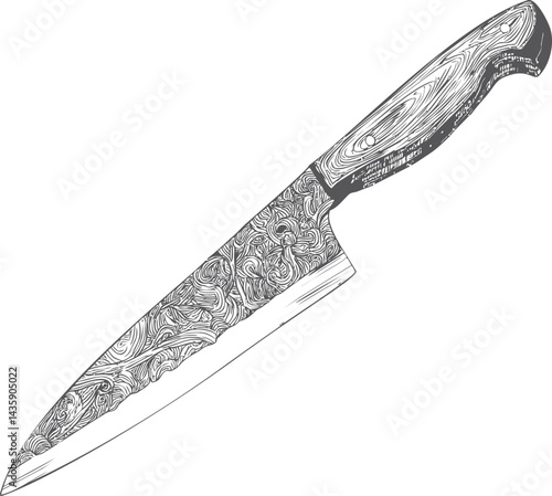 Intricate illustration of a damascus knife with ornate patterns on the blade. Vector illustration