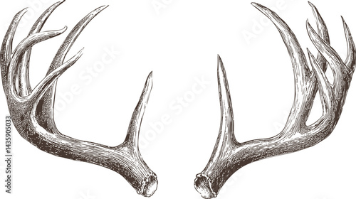 Illustration of symmetrical deer antlers in vintage sketch style. Vector illustration