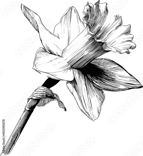 Black and white sketch of a daffodil flower with intricate line details. Vector illustration