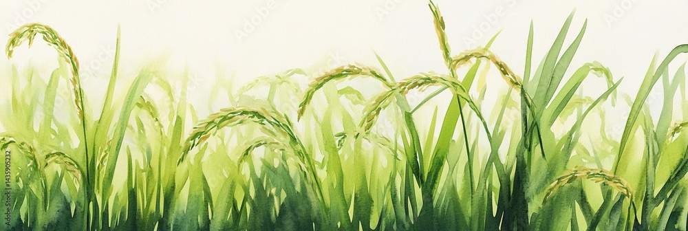 Obraz premium Watercolor illustration of a rice field, with green grass and a white background, detailed depiction of the ears of rice growing in the paddy fields, tranquil feel, agriculture banner 