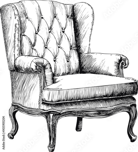 Detailed sketch of a vintage armchair with ornate legs and tufted upholstery. Vector illustration