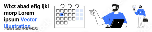 Calendar with marked date, man using laptop, another person holding lightbulb and briefcase. Ideal for time management, creative thinking, planning, teamwork, innovation, productivity flat landing
