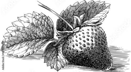 Detailed black and white illustration of strawberry with leaves, vintage style. Vector illustration