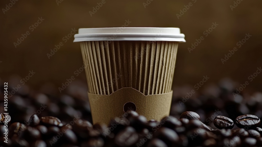 Disposable coffee cup on coffee beans, brown background Disposable coffee cup on coffee beans, brown background