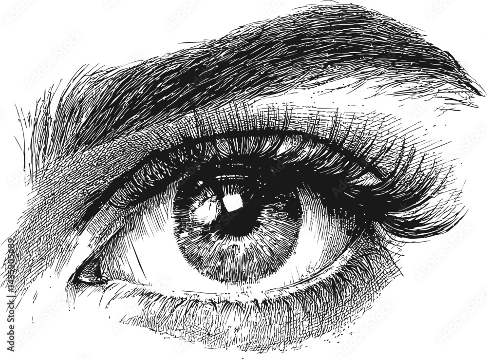 Fototapeta premium Black and white detailed sketch of a human eye with intricate shading. Vector illustration