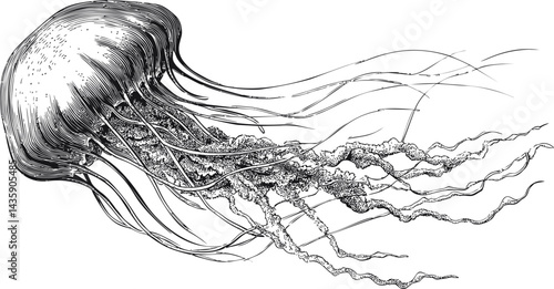 Elegant black and white sketch of jellyfish with flowing tentacles. Vector illustration