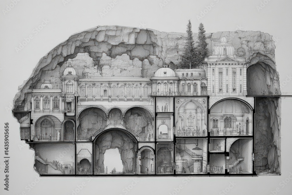 Intricate Architectural Cross-Section of a Cave Structure Concept