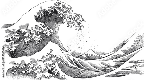 Japanese wave illustration in black and white with mount fuji in background. Vector illustration