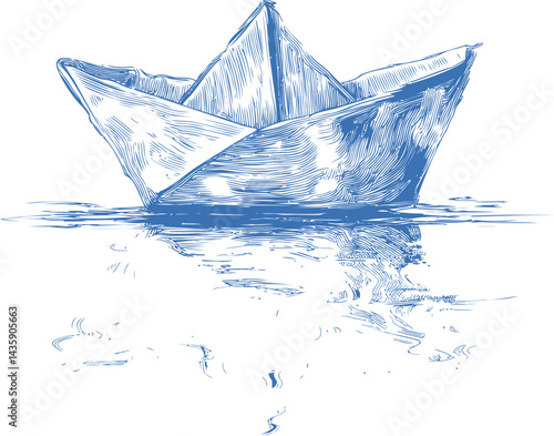 Blue pen sketch of a paper boat floating on water with detailed reflection. Vector illustration