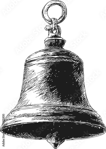 Detailed black and white sketch of a hanging vintage bell drawing. Vector illustration