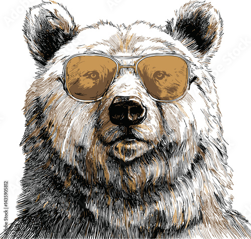 Illustration of a bear wearing sunglasses with a detailed fur texture. Vector illustration