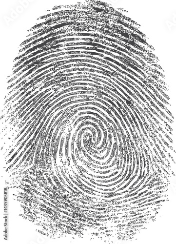 Black and white fingerprint with detailed spiral pattern. Vector illustration