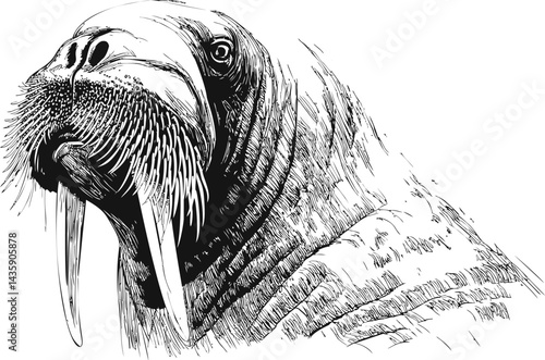 Black and white illustration of a walrus with long tusks and detailed whiskers. Vector illustration