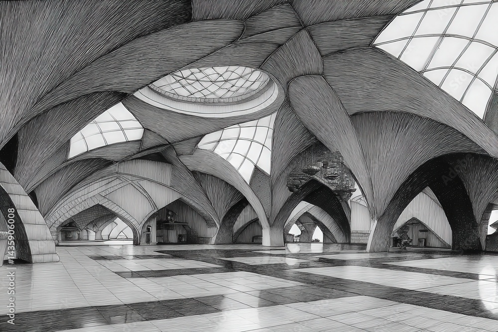 Intricate Architectural Interior Design with Curved Shadows and Lights