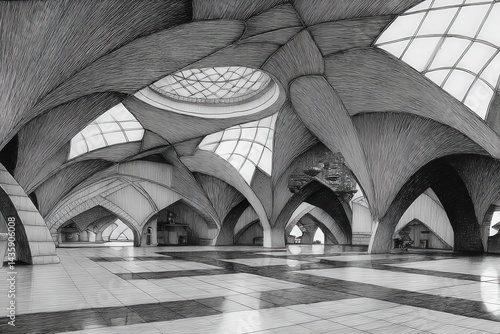 Obraz na płótnie Intricate Architectural Interior Design with Curved Shadows and Lights w salonie