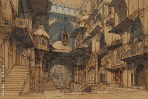 Obraz na płótnie Intricate Architectural Sketch of Grand Interior with Arches and Balconies w salonie