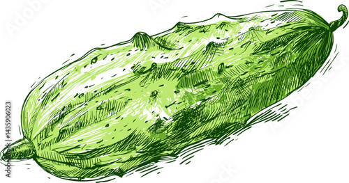Illustration of a single green cucumber with detailed sketch lines. Vector illustration
