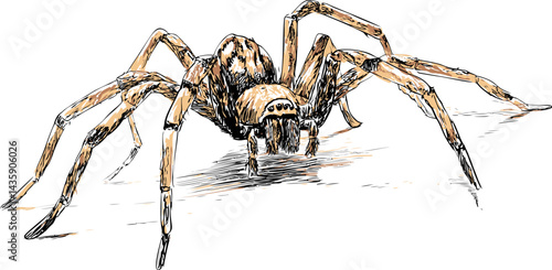Detailed sketch of a brown spider with multiple legs and shadows, artistic illustration. Vector illustration
