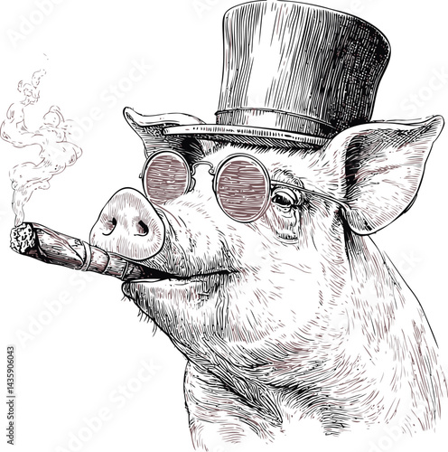 Illustration of a pig in a top hat and sunglasses smoking a cigar, humorous concept. Vector illustration