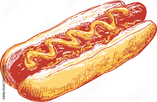 Illustration of a hot dog with mustard and ketchup in a retro sketch style. Vector illustration