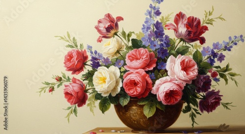 Wallpaper Mural Vibrant Floral Arrangement in Bronze Vase - A stunning still life painting of a bouquet of roses, tulips, and delphiniums in a bronze vase. Rich colors and detailed brushstrokes Torontodigital.ca