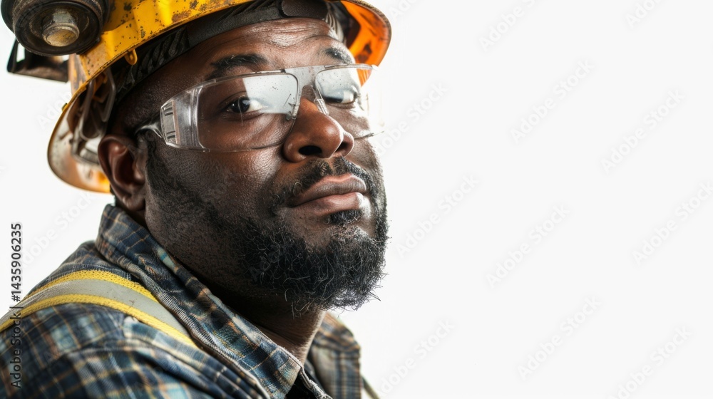 a engineer in safety gear looks confidently to the side, isolated on white a engineer in safety gear looks confidently to the side, isolated on white