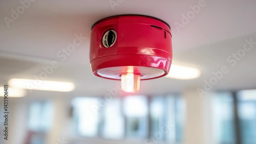 A red emergency notification system is mounted on a white ceiling, with a translucent light emitting from the bottom, indicating an alert.