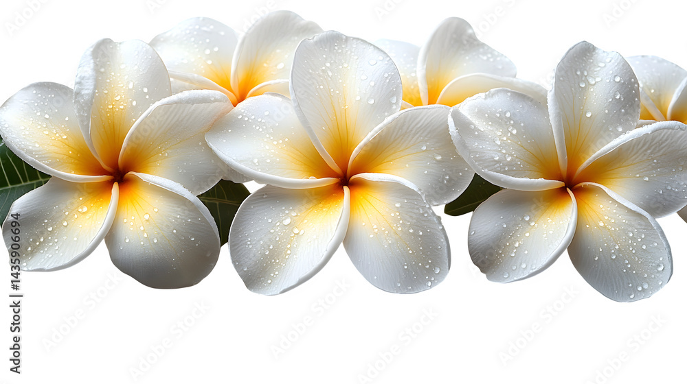Naklejka premium Tropical plumeria flowers with green leaves and detailed blooms isolated on white background