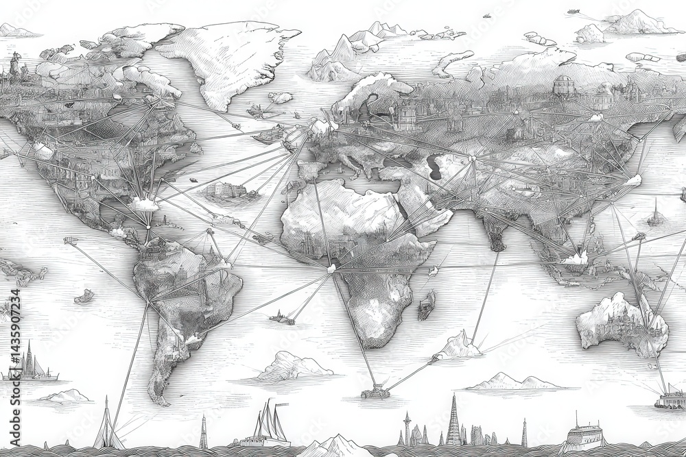 Intricate Hand-Drawn World Map with Geographical Details and Elements