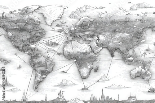Obraz na płótnie Intricate Hand-Drawn World Map with Geographical Details and Elements w salonie