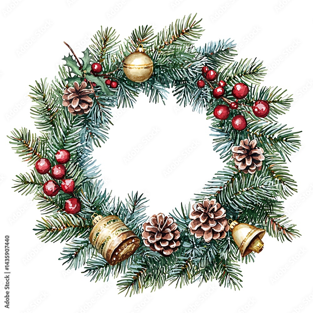 Christmas Wreath with Pine Cones, Berries, and Ornaments Festive Holiday Frame. Christmas Wreath with Pine Cones, Berries, and Ornaments Festive Holiday Frame.
